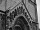 Vintage-style photograph capturing the intricate details of Ják Church's façade in Hungary.